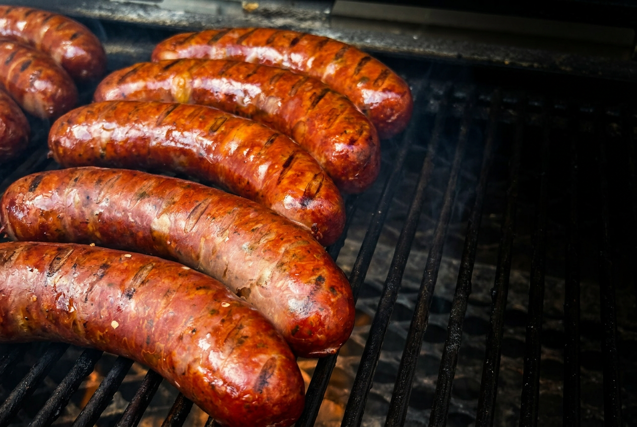 Grilled premium sausages with deep sear marks